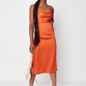 NEW Missguided Cowl Neck Satin Midi Slip Dress Orange Sleeveless Size 8 NWT